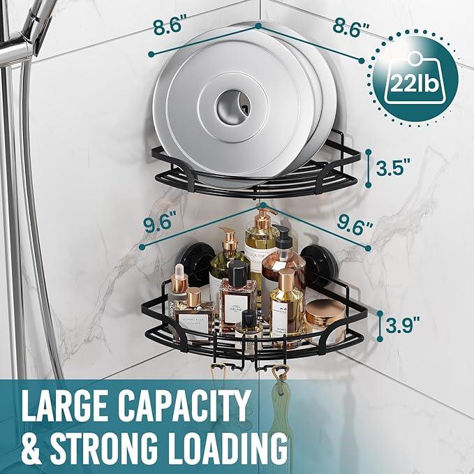 TAILI Powerful Suction Cup Corner Shower Caddy 2 Pack, Stainless Steel Rustproof Shower Shelf with Hook, Drill-free Wall Mounted Basket, Large Capacity Removable Suction Cup Bathroom Organizer, Black - ModernBath