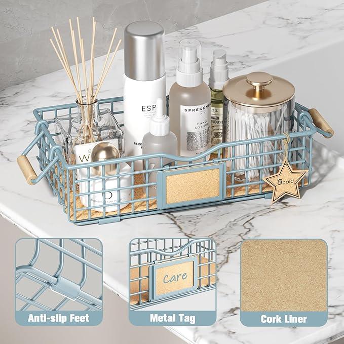 Bathroom Organizer Basket with Handle, Home Decor Basket- Bathroom Organizers and Storage - Exquisite Vanity Tray for Skincare - Restroom Counter Baskets for Organizing - Blue - ModernBath