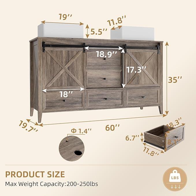 VNN Bathroom Vanity with Sink - 60 Inch Bathroom Vanity Double Sink Ceramic, Freestanding Cabinet with 2 Farmhouse Sliding Barn Doors and 5 Drawers, Space-Saving Storage Cabinet, Grey Wood Grain - ModernBath