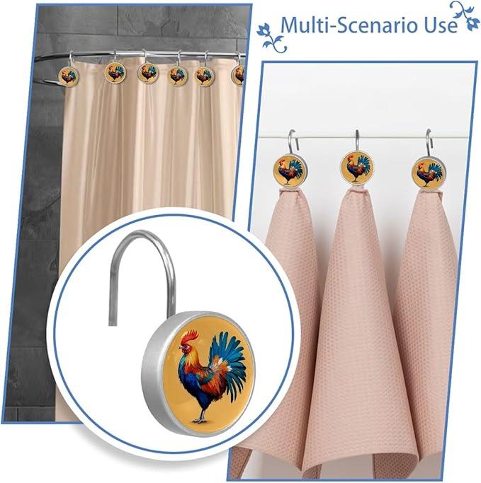 Rooster Shower Curtain Hooks, 12Pcs Decorative Rust Resistant Shower Rings for Shower Curtain Rods, Stainless Steel Round Curtain Hooks for Bathroom, Bedroom - ModernBath