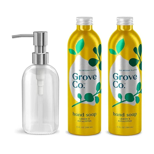 Grove Co. Hydrating Gel Hand Soap Refills (2 x 13 Fl Oz) + 1 x Reusable Glass Soap Dispenser, Refillable Liquid Hand Soap Starter Kit, Natural Lemon & Eucalyptus Fragrance - ModernBath