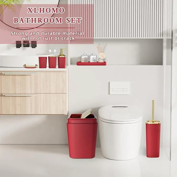 XLHOMO Dark Red Bathroom Accessory Set, 9-Piece Burgundy Bathroom Set with Trash Can, Toothbrush Holder, Toothbrush Cup,Soap Dispenser,Soap Dish,Toilet Brush Holder,2 Qtip Holder Dispensers and Tray - ModernBath
