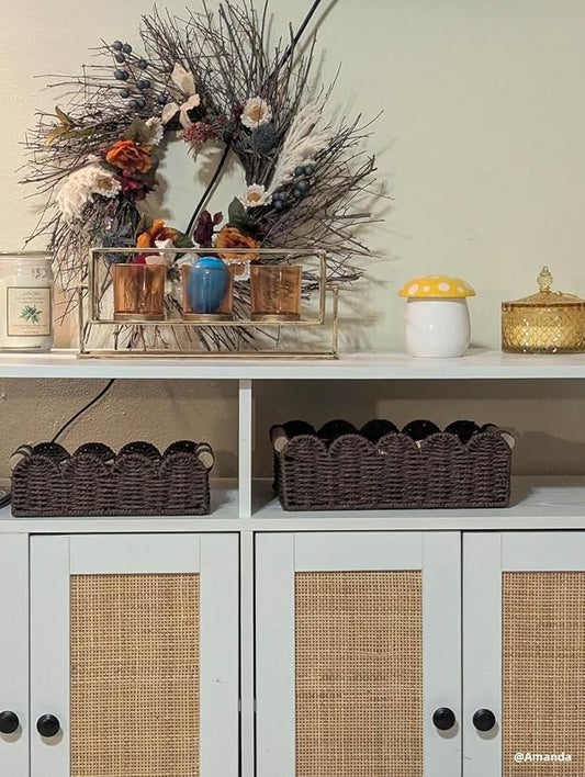 CubesLand Paper Rope Scalloped Edge Shelves Baskets Set 2, Idea for Over Toilet Storage Shelf, End Table, Nightstand, Toilet Tank Basket with 2 Wood Handle, Stylist&Useful Both Storage&Decor, Brown