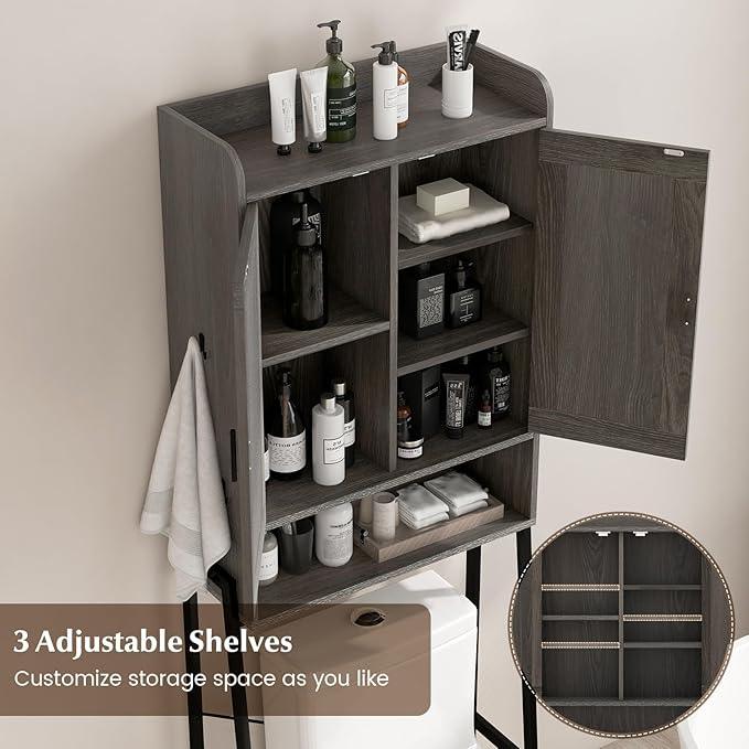 Giantex Over The Toilet Storage Cabinet, Freestanding Space Saver Above Toilet Storage with Metal Stand, Adjustable Shelves & 2 Hooks, Wooden Over Toilet Bathroom Organizer for Laundry Room, Restroom - ModernBath