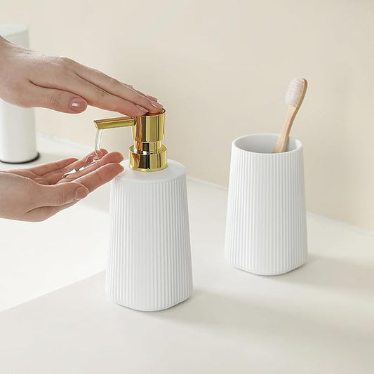YAUKPH Bathroom Accessories 2 Piece Soap Dispenser and Toothbrush Holder Set Striped White and Gold