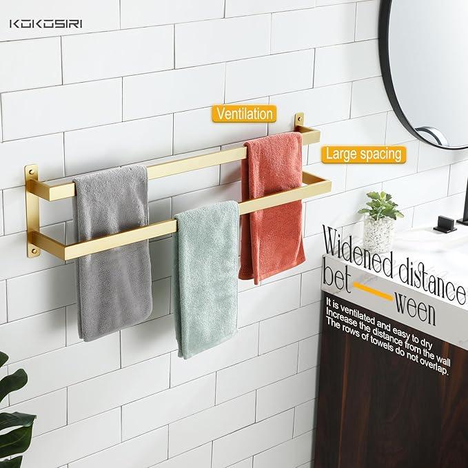 KOKOSIRI Bath Towel Bars Bathroom 2-Tiers Ladder Brushed Gold Towel Rails 32-Inch Towel Holders Wall Mounted Towels Shelves Rack Stainless Steel, B5008BG-L32 - ModernBath