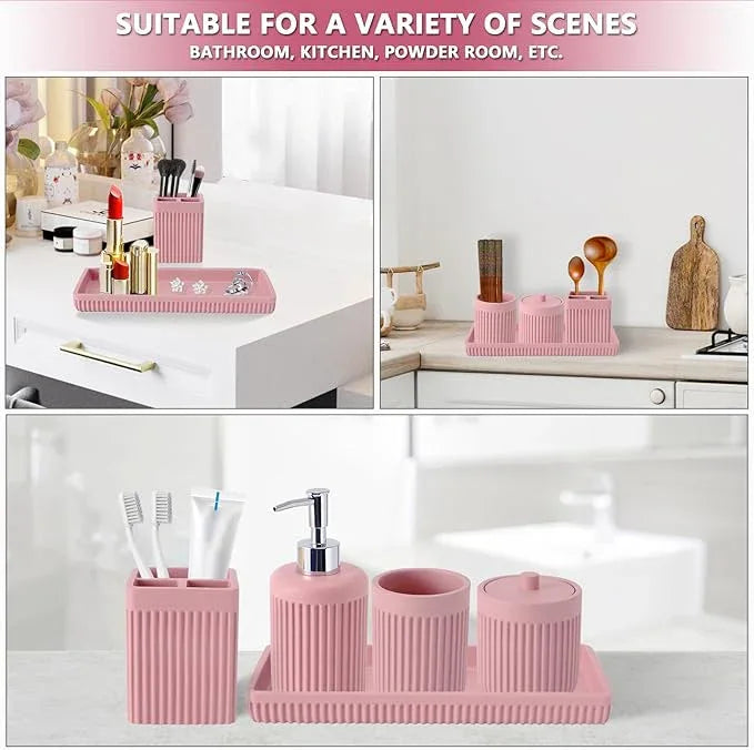 XLHOMO Resin Pink Bathroom Accessories Set 5 Pcs, Lotion Soap Dispenser, Toothbrush Holder, Bathroom Tumbler, Qtip Holder and Vanity Tray, Bathroom Countertop Organizer Set for Modern Home Apartment - ModernBath