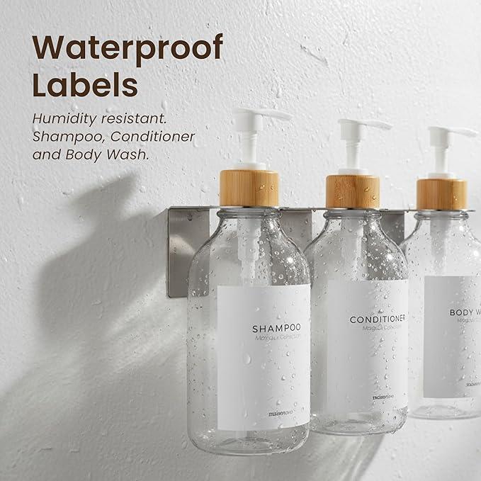 MaisoNovo Shampoo and Conditioner Dispenser - Shower Soap Dispenser Wall Mounted - 16.9 fl oz Set of 3 Clear Plastic Bottles White Bamboo Pump - Shampoo Dispenser, Shower Dispenser 3 Chamber No Drill - ModernBath