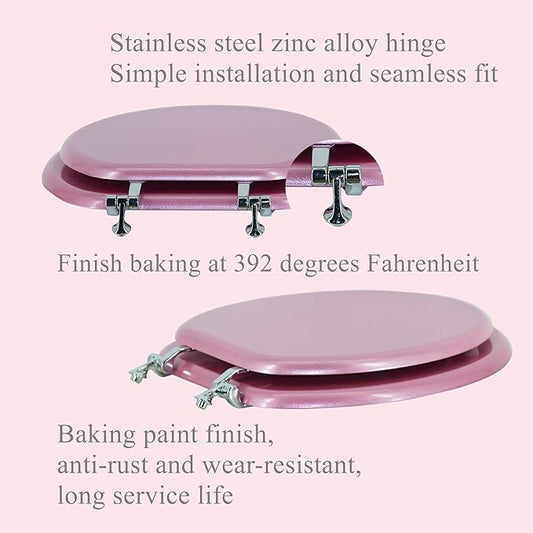 BLOFDE Round Toilet Seat Wood Toilet Seat Prevent Shifting with Zinc Alloy Hinges American Standard Size Toilet Seat Easy to Install also Easy to Clean (Round,Sparkling Pink)