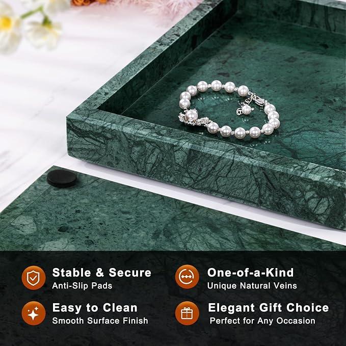 Homaura Marble Bathroom Tray for Countertop & Home Decor, Natural Decorative Marble Tray for Jewelry & Perfume Organizer, Luxury Stone Vanity Trays for Dresser, Kitchen Counter, 12" x 8", Green - ModernBath