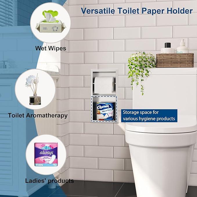 Recessed Toilet Paper Holder, 304 Stainless Steel Bathroom Toilet Paper Holder with Storage, in Wall Tissue Toilet Roll Holder, Brushed Nickel - ModernBath