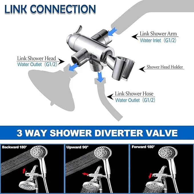 Shower Arm Diverter with Handshower Mount, G1/2 Brass Shower Diverter Valve Bathroom Universal Shower System Replacement for Handheld Shower and Fixed Shower Head(Polished Chrome) - ModernBath