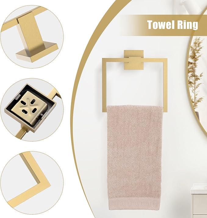 TQKAG Brushed Gold Bathroom Hardware Accessories Set 5 Pieces, Double Post Pivoting Toilet Paper Holder Set Stainless Steel Square Bathroom Towel Bar Holder Set Wall Mounted - ModernBath