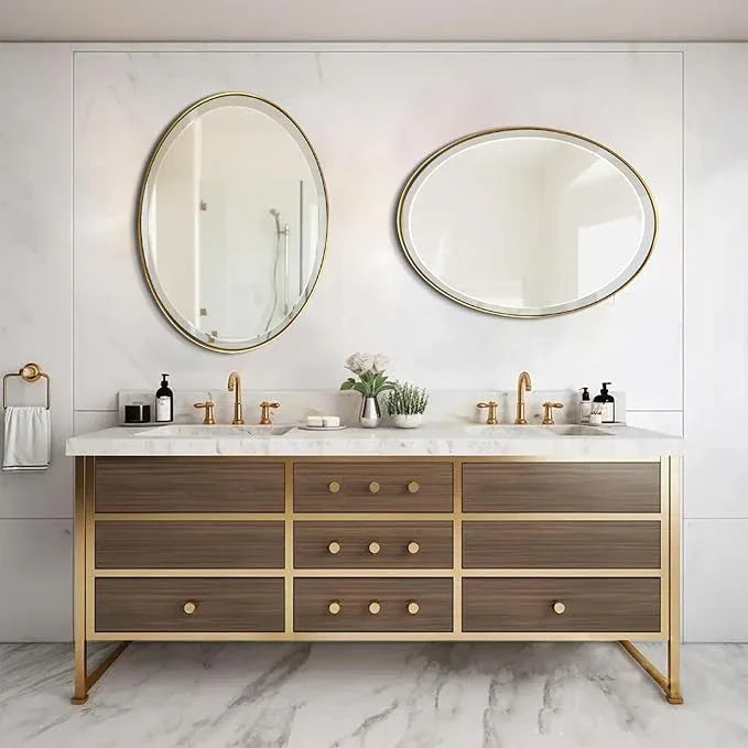 POZINO Vanity Beveled Mirrors, 22"x30" Oval Mirror for Over Sink, Modern Brass Mirror with Stainless Steel Frame, Brush Gold Rounded Mirrors for Bathroom Bedroom Living Room, Horizontal Or Vertical ﻿ - ModernBath