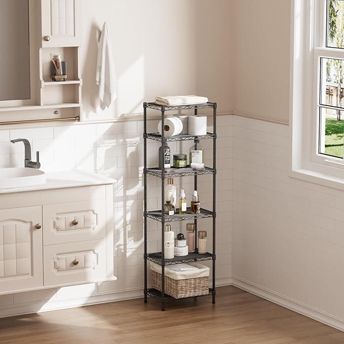 SINGAYE 6 Shelves Bathroom Organizers and Storage Shelf Wire Closet Metal Pantry Kitchen Small Garage Shelving Unit Laundry Room Organization Home Tall Rack Balck 10" D x 16" W x 60”H - ModernBath