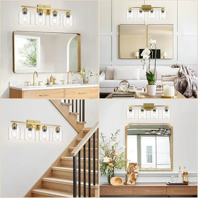 FAISHILAN Modern Brushed Gold 4 Light Bathroom Light Fixtures, 24 inch Vanity Lights for Bathroom with Clear Glass, Bathroom Vanity Light for Mirror Kitchen Living Room Hallway Cabinet Porch - ModernBath