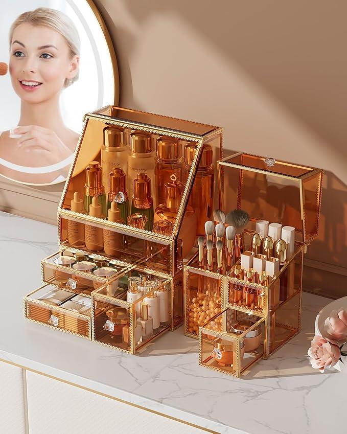 CoralHouse Makeup Organizer Amber,Glass Vanity Organizer for Skincare, Lipsticks, Perfume, Makeup Brushes – Countertop Cosmetic Storage Box for Women, Bathroom & Dresser - ModernBath