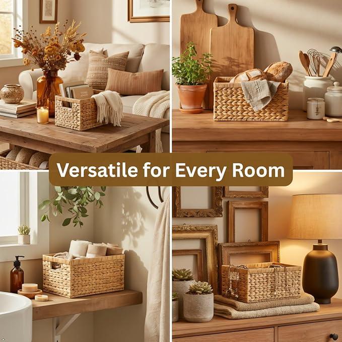 Water Hyacinth Storage Baskets Set of 2 - Medium Decorative Wicker Baskets for Organizing Shelves, Rectangular Woven Storage Bins with Handles for Pantry, Bathroom, Living Room 13"x9"x7" - ModernBath