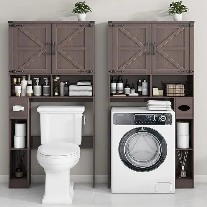 Vabches Over The Toilet Storage Cabinet, Farmhouse Storage Cabinet Over Toilet with 2 Barn Doors && Toilet Paper Holder Stand，Home Space-Saving Toilet Rack, for Laundry, Restroom, Bathroom.(Espresso) - ModernBath