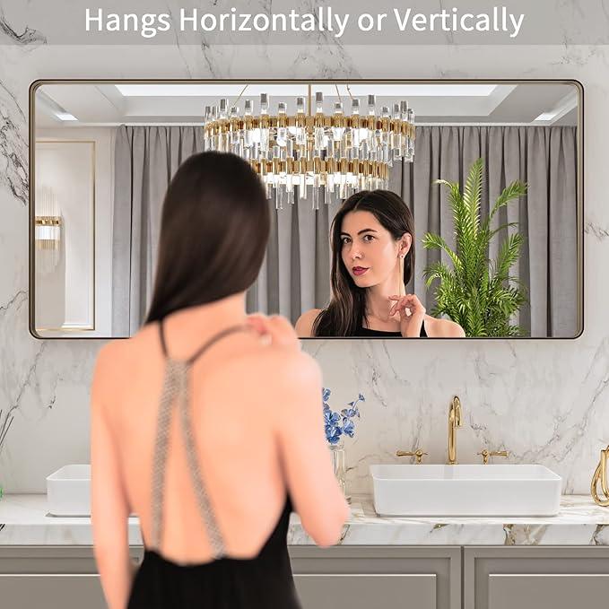 LOAAO 60”X28” Bronze Bathroom Mirrors for Vanity, Rounded Rectangle Brushed Bronze Metal Frame Mirror, Anti-Rust, Tempered Glass, Hangs Horizontally or Vertically - ModernBath