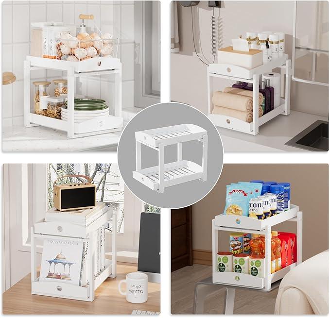Bamboo Wood Under Sink Organizer 1 Pack, Pull Out Cabinet Organizer 2 Tier Under Sink Organizers and Storage with Sliding Drawer Sturdy Easy Assembly for Kitchen Bathroom Undersink (White, 2 Packs) - ModernBath
