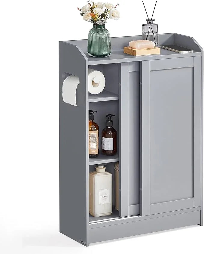 VASAGLE Narrow Storage Cabinet, Slim Floor Cabinet with Sliding Doors, Toilet Paper Holder and Brush Compartment, for Bathroom and Living Room, 7.9 x 23.6 x 31.5 Inches, Dove Gray UBBC752G02 - ModernBath