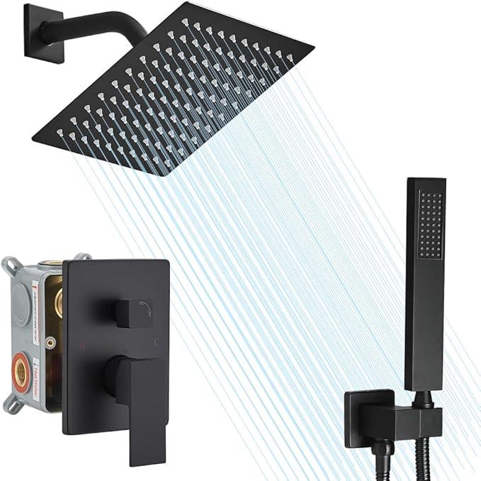 annazom Shower Faucet Set Rain Shower System Matte Black with High Pressure 8-Inch Shower Head Handheld Square Shower Head Bathroom Luxury Rain Shower Faucet Shower Complete Combo Kit Wall Mounted - ModernBath