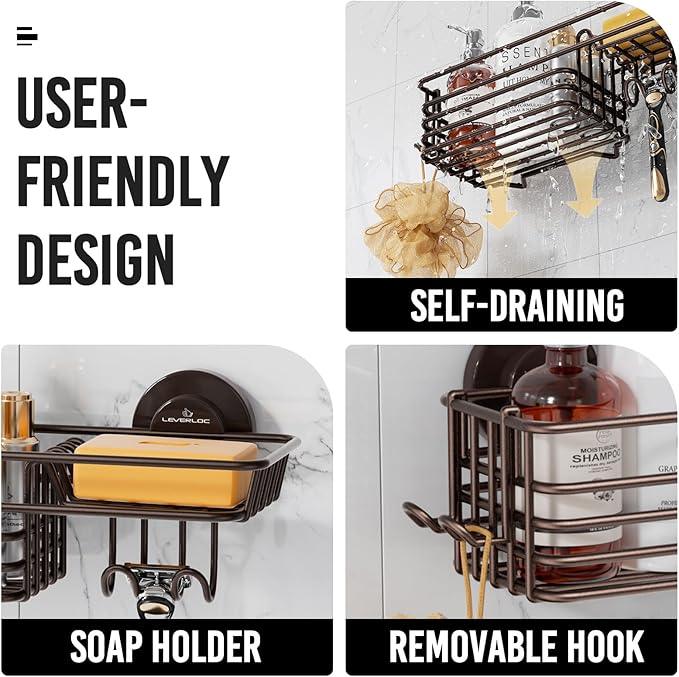 LEVERLOC Shower Caddy Suction Cup, 2 Pack Shelves for Inside with Hooks and Soap Holder, NO-Drilling Bathroom Holder, Rustproof Meatl Bathroom Organizer, Brown - ModernBath