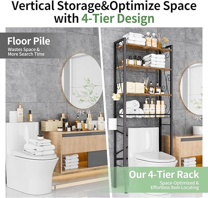 Over-The-Toilet Storage Rack 4-Tier,Bathroom Organizer Shelf Over Toilet,Adjustable Wooden Shelves and Basket,Freestanding Above Toilet Shelf,Space Saver for Rooms(Black Rack-Rustic Brown Shelves) - ModernBath