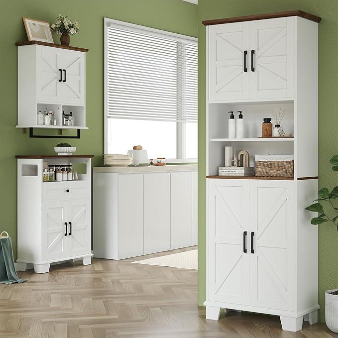 Farmhouse Bathroom Storage Cabinet with Drawer & Adjustable Shelves, White 23.6" Wide Freestanding Floor Cabinet, Barn Door, Sturdy Wood, for Kitchen, Entryway (23.6 * 11.8 * 39.3" (Floor)) - ModernBath