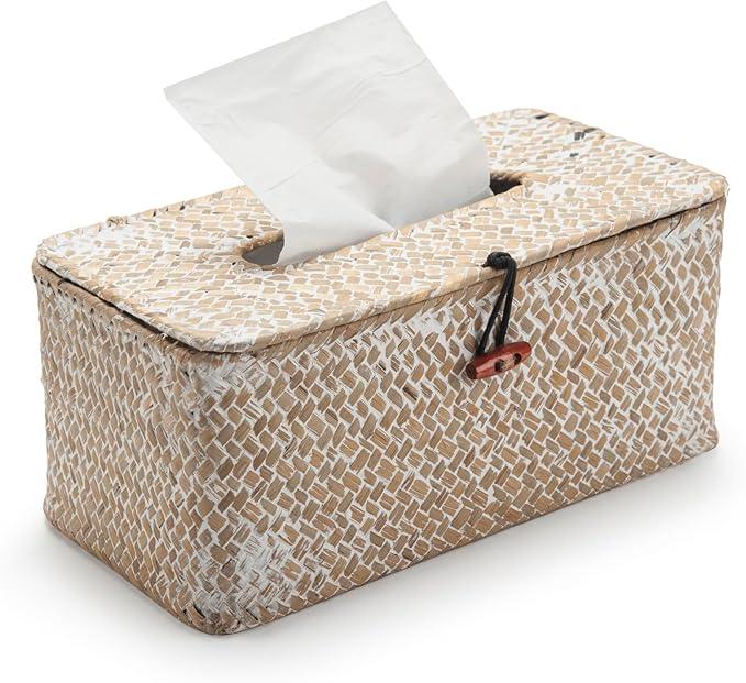Seagrass Tissue Box Cover Rectangular Woven Napkin Holder Decorative for Bathroom Farmhouse (Whitewash, 10 x 5.5 x 4.2 Inch) - ModernBath