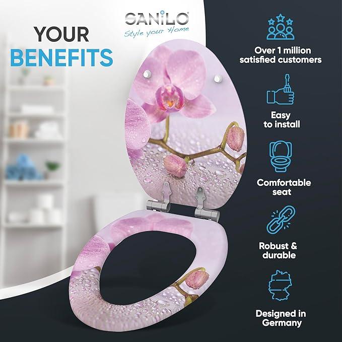 SANILO Wooden Toilet Seat with Soft Close [ELONGATED] - Decorative, Quiet & Slow Close Molded Wood Seat - With Strong Bumpers & Hinges - Adjustable Fit - Blooming - ModernBath