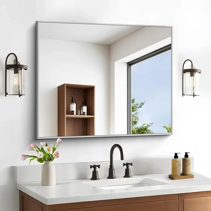 DESBING 30" x 30"Bathroom Mirror, Silver Rectangle Corner Wall Mirror with Metal Frame, Decorative Rectangular Vanity Mirror for Bedroom Bathroom Living Room Entryway (Horizontal/Vertical) - ModernBath