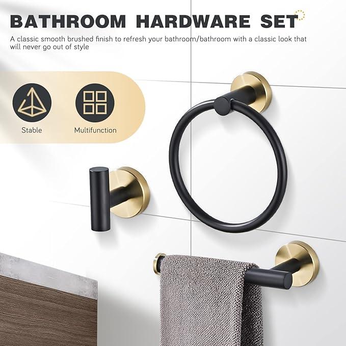 Bathroom Hardware Set 3 Piece Black&Gold Wall Mounted Stainless Steel Hardware Towel Bar Set Gold Bathroom Accessories Towel Rack Set Kit Includes Hand Towel Ring, Toilet Paper Holder, Robe Hook - ModernBath