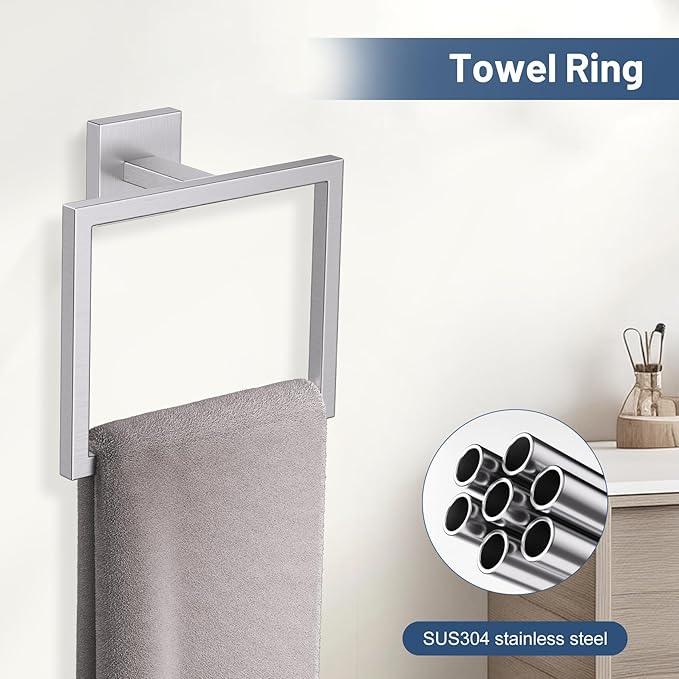 TURS 5-Pieces Brushed Nickel Bathroom Hardware Accessories Set 23.6" Towel Bar Set Wall Mounted Square Toilet Paper Holder with Shelf Stainless Steel - ModernBath