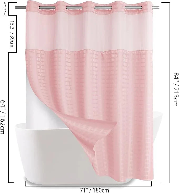 Extra Long No Hook Shower Curtain with Snap in Liner Set, Hotel Luxury Pink Shower Curtains for Bathroom with See Through Top Window, Waterproof, Washable 71W x 84H - ModernBath