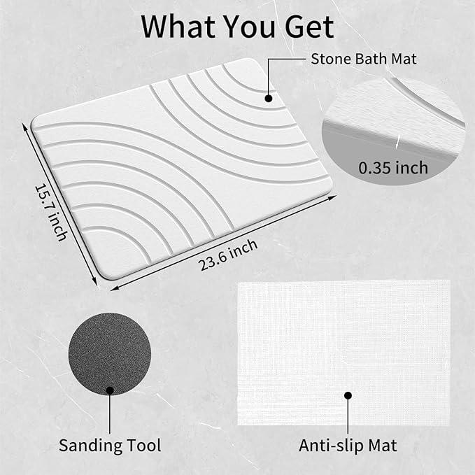Stone Bath Mat Diatomaceous Earth: Quick Drying Shower Mat Non-Slip Super Absorbent Bathroom Mat, Easy to Clean & Odorless Diatomite Bathmats for Bathroom Floor, White - ModernBath