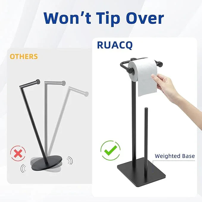 RUACQ Toilet Paper Holder Stand, Bathroom Toilet Paper roll Holder Free Standing with Storage for 4 Rolls, Post Pivoting Design, Stable Weighted Base, SUS304 Stainless Steel (Matte Black) - ModernBath