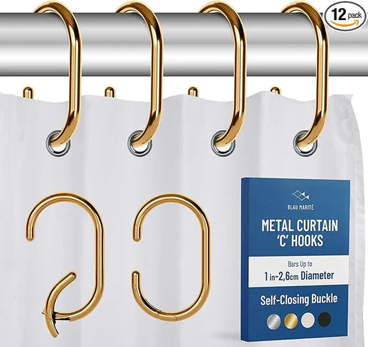 Blau Marité 12 Metal Shower Curtain Hooks, Rust-Proof Decorative C-Shaped Curtain Hooks for Bathroom, Golden Shower Curtain Rings, Fits Rods Up to 1 Inch (C, Gold) - ModernBath