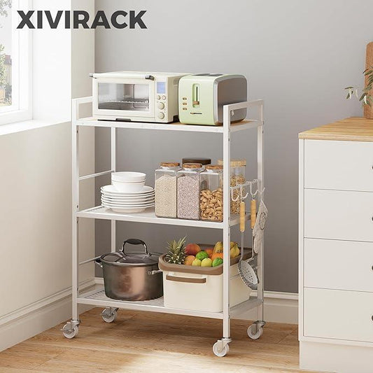 3-Tier Metal Storage Rack with Industrial Wheels,Mesh Shelving Unit with Wooden Table top,Adjustable Shelf,23.6-Inch Width,for Kitchen,Laundry,Pantry,Plant,Oak panel and white frame - ModernBath
