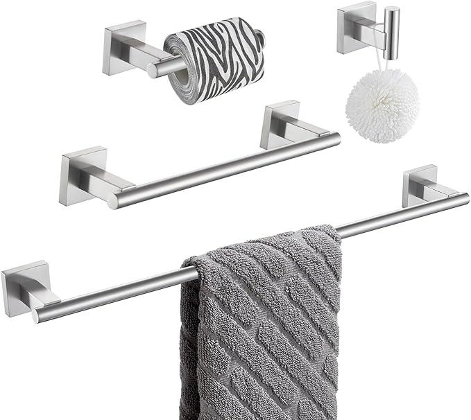 Suyar Bathroom Hardware Set Brushed Nickel, 304 Stainless Steel Bathroom Accessories 4 Pieces, Include Robe Hook, Toilet Paper Holder, Hand Towel Holder, Towel Bar, Wall Mount - ModernBath