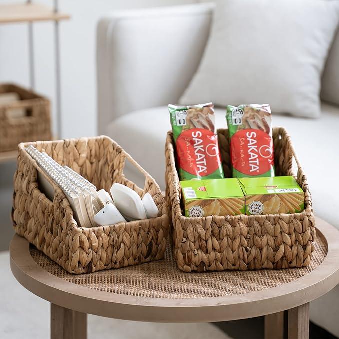 FairyHaus Wicker Baskets 2 Pack, Natural Large Wicker Baskets for Storage, Nesting Hand-woven Water Hyacinth Wicker Baskets for Organizing with Built-in Handles, 9"L x 11"W x 7"H - ModernBath