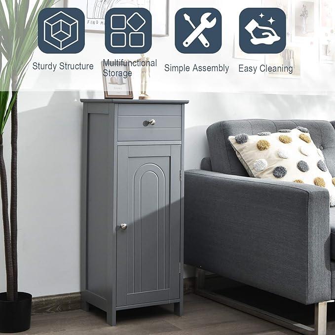 Tangkula Bathroom Floor Cabinet, Wooden Side Storage Cabinet, Freestanding Single Door Bathroom Cabinet with Large Drawer & 2 Adjustable Shelves for Living Room Kitchen (Grey) - ModernBath
