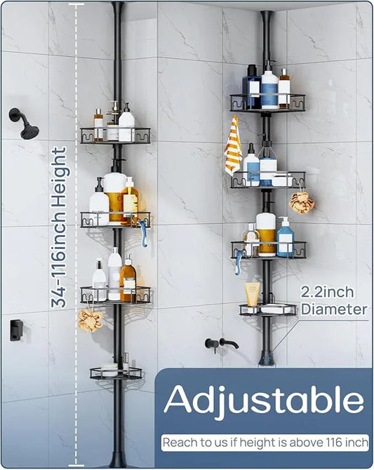 SEIRIONE Corner Shower Caddy Tension Pole, 4-Tier Rust-Free Shower Organizer Corner, Adjustable Shelf for Bathroom Storage, Easy-Install Standing Rack, 34 to 116Inch, Black - ModernBath
