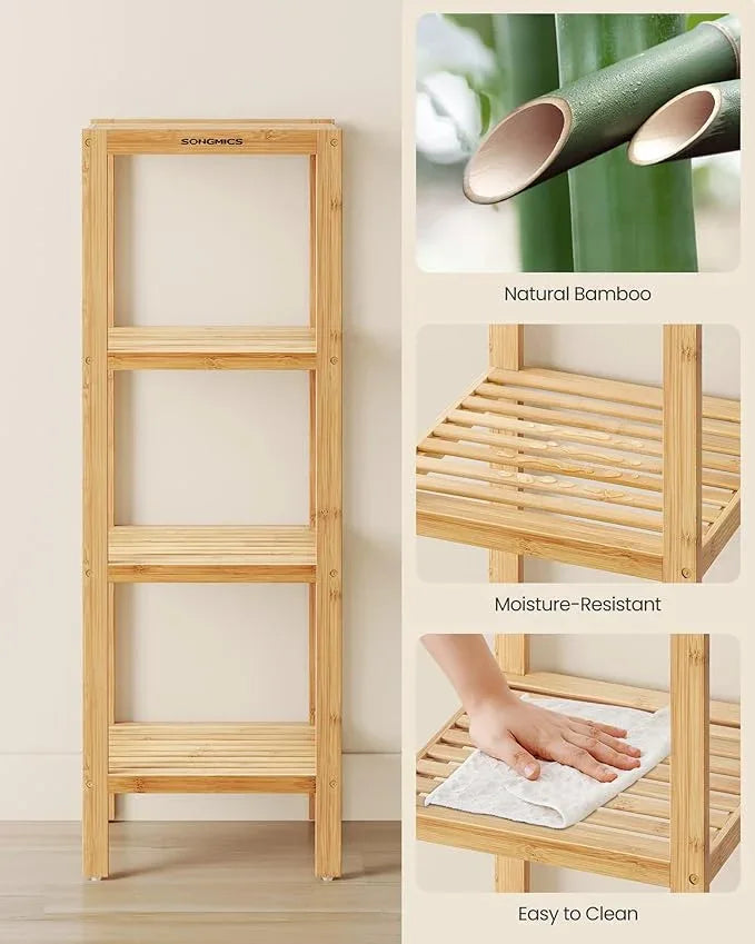 SONGMICS Bamboo Storage Shelf, 4-Tier Shelving Unit, Multifunctional, in the Entryway, Bathroom, Living Room, Balcony, Kitchen, 13 x 13 x 38.6 Inches, Light Bamboo UBCB54Y - ModernBath