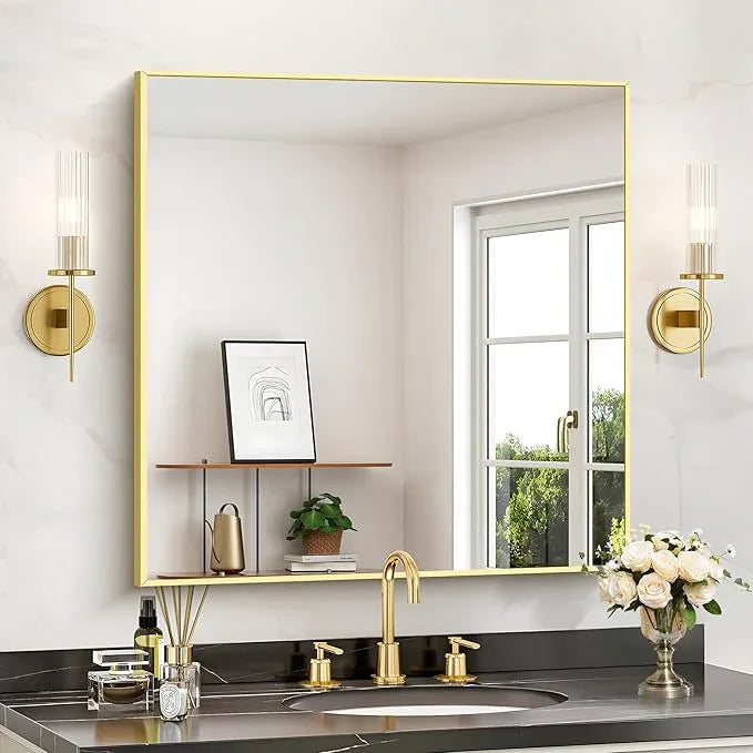 COFENY Gold Bathroom Mirror for Wall, 30x30 Inch Rectangle Mirrors with Metal Frame, Modern Vanity Wall Mirror Decor for Bathroom Living Room, Entryway Hangs Horizontal or Vertical - ModernBath