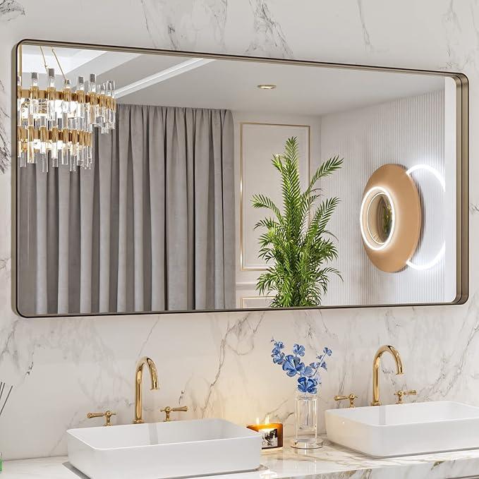 LOAAO 60”X30” Bronze Bathroom Mirrors for Vanity, Rounded Rectangle Brushed Bronze Metal Frame Mirror, Anti-Rust, Tempered Glass, Hangs Horizontally or Vertically - ModernBath