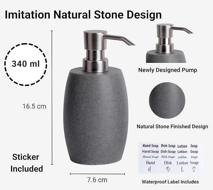Clasin Home Sandstone Textured Resin Soap Dispenser with Metallic Pump and Waterproof Bottle Labels for Bathroom Kitchen Dish Hand Wash Shower Lotion Shampoo, 12 Oz, 2 Sets Gray - ModernBath