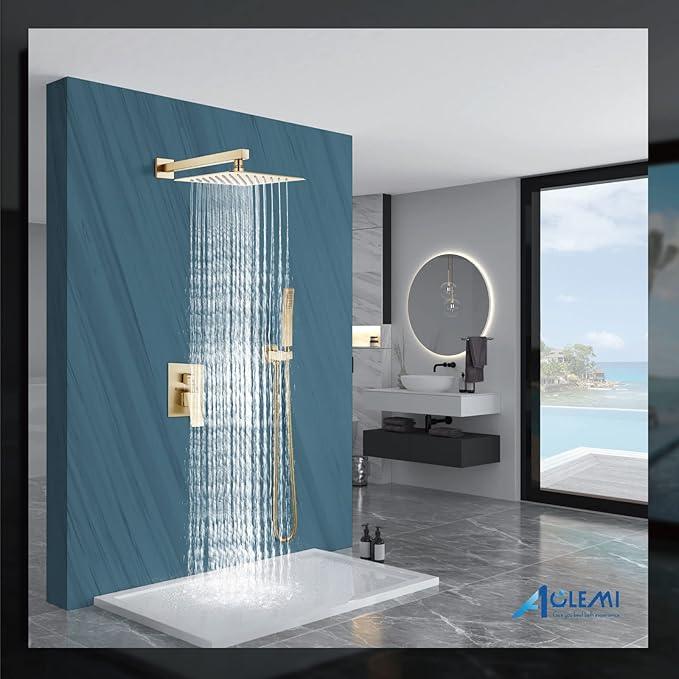 Aolemi Shower Faucet Set Rain Shower System with Handheld Spray Bathroom Shower Combo Rough-in Valve and Shower Trim Kit Included Brushed Gold 10 Inch Wall Mount Shower Head - ModernBath