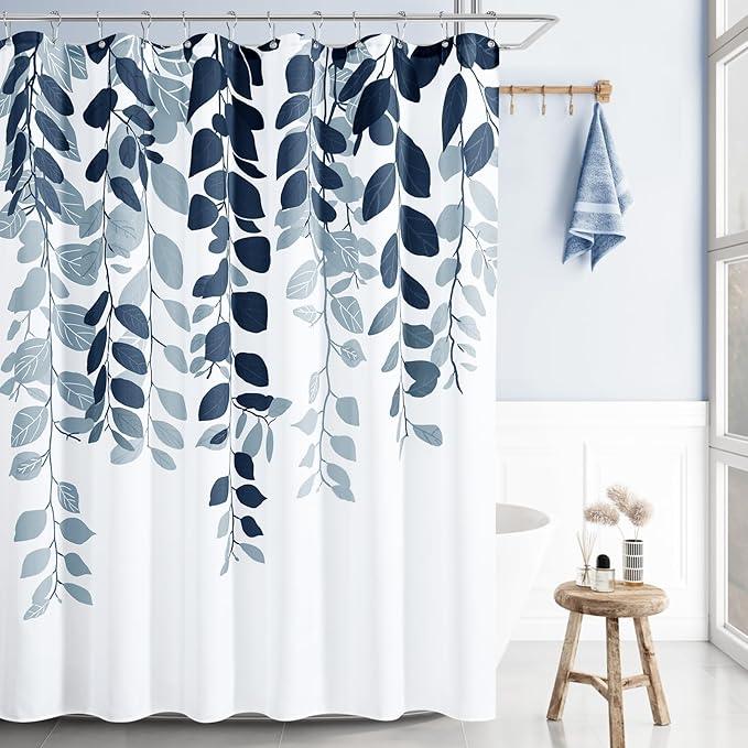 BOODII Navy Blue Leaf Shower Curtain for Bathroom Dark Blue Botanical Eucalyptus Nature Eucalyptus Shower Curtains Set Floral Leaves Bathroom Decor Natural Bath Curtain 72x72 - ModernBath